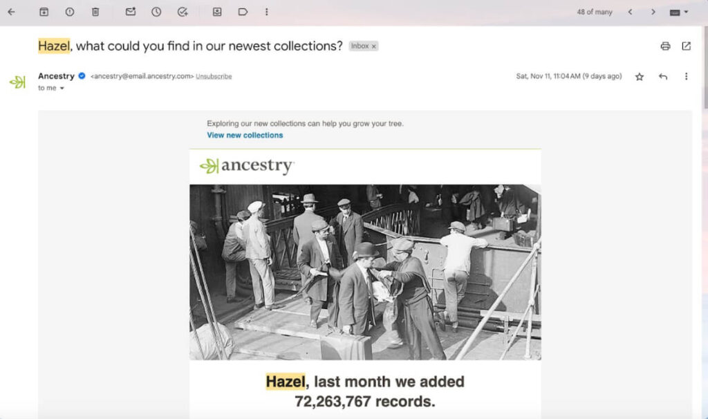 Ancestry personalized subject line email