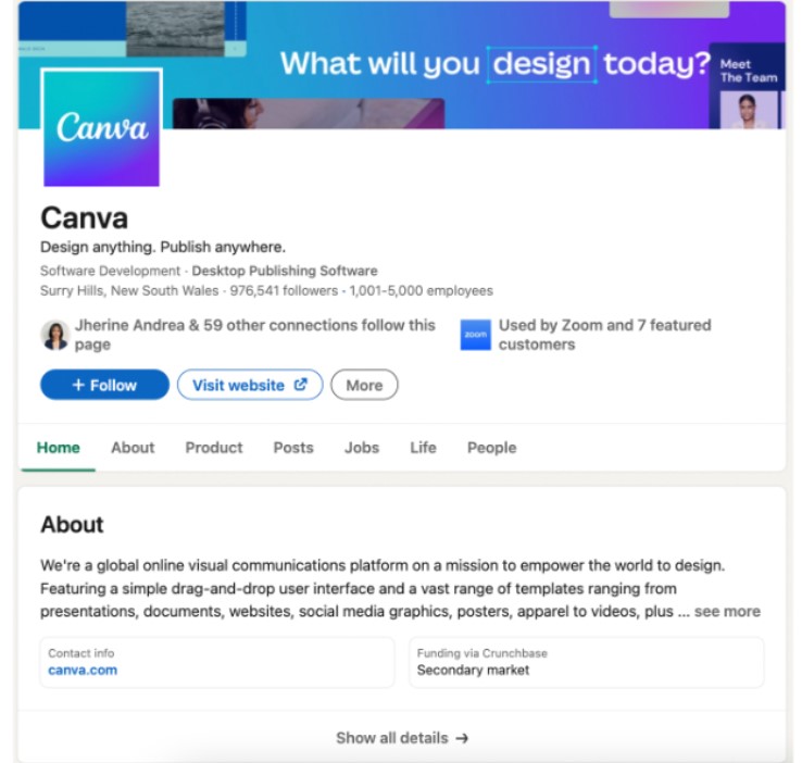 Linkedin profile of graphic design startup Canva