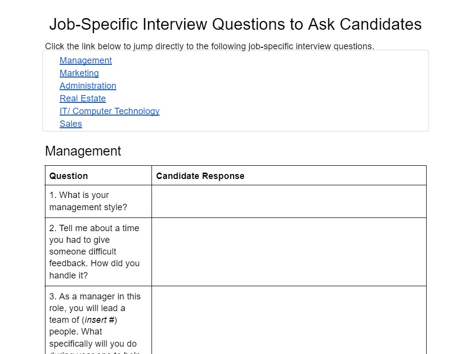 Job-specific Interview Questions Template