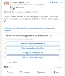Screenshot of a LinkedIn poll on preferred approaches to business growth by user Simon Severino