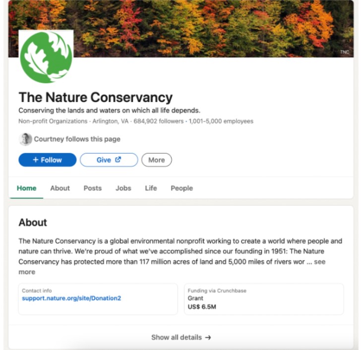 Linkedin profile of the nonprofit The Nature Conservancy