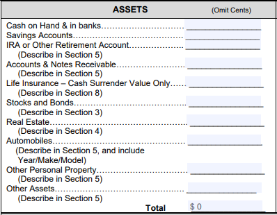 The Assets summary section of SBA Form 413