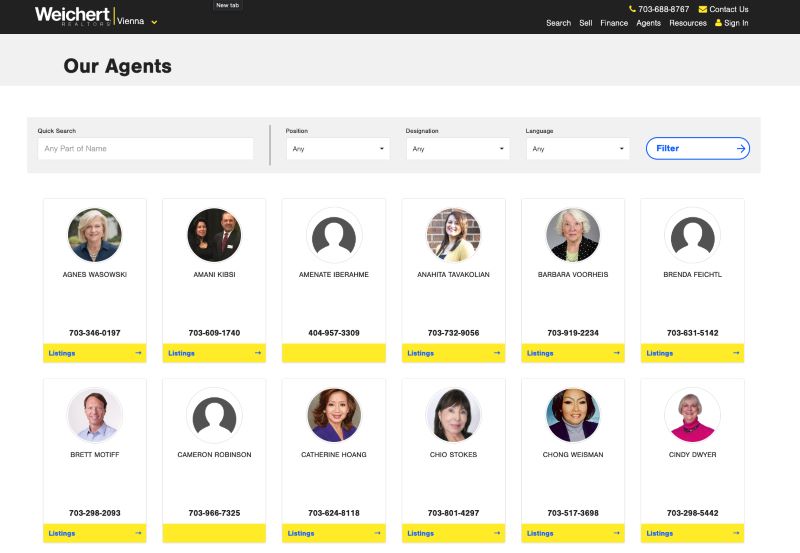 Weichert's "Our Agents" page featuring their agents, contact details, and listings