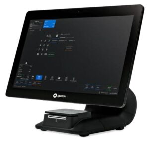 Countertop touch-screen terminal with built-in card reader.