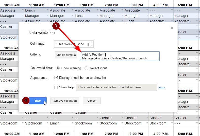 Data validation box in GoogleSheets template to change criteria and appearance.