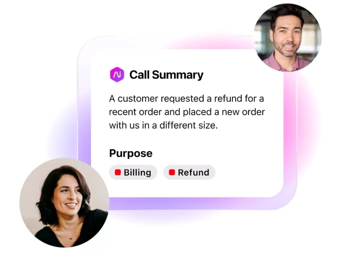 Dialpad's call summary stating that a customer requested a refund for a recent order and placed a new order.