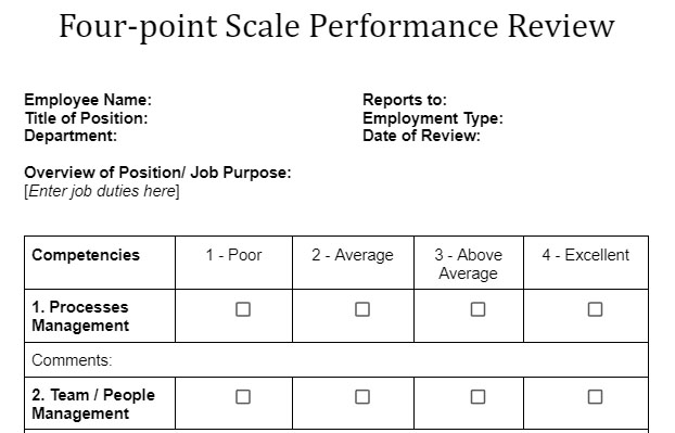 Four-point Scale Performance Review Template.