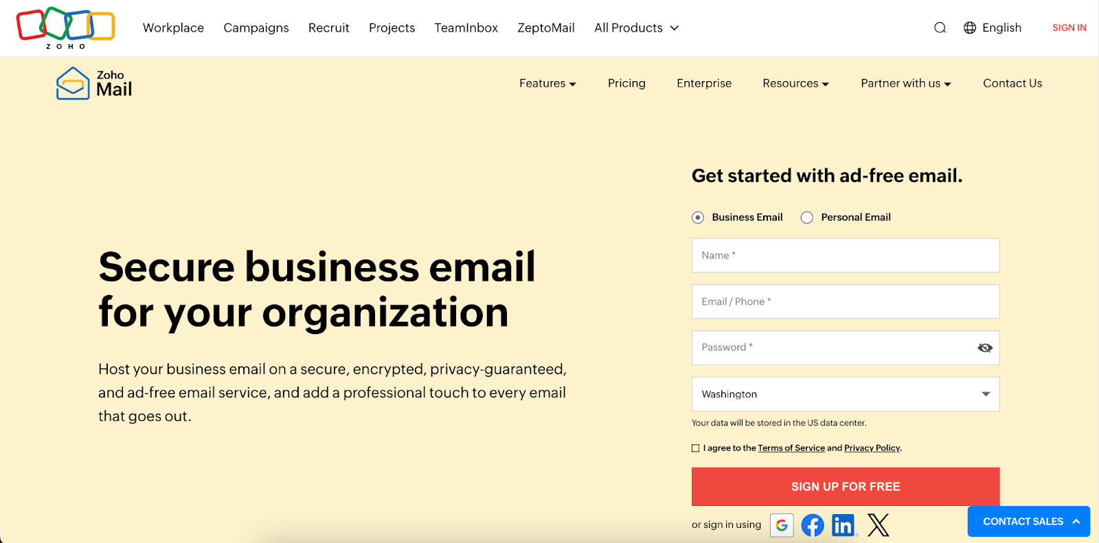 Home page of Zoho Mail.