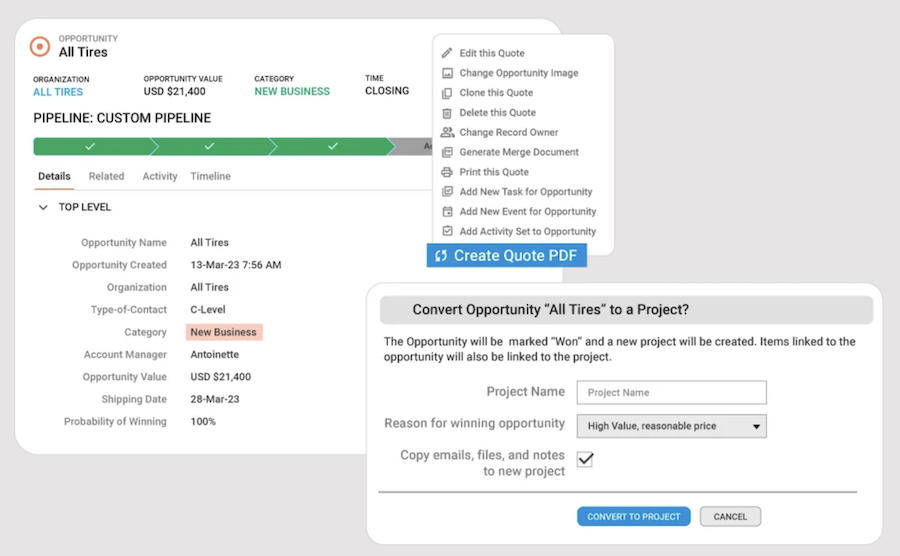 An example of Insightly CRM converting a won deal into a project.