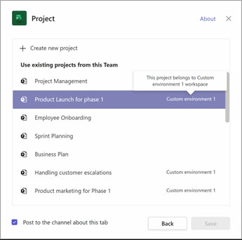 Tab with a pop up about using existing projects for teams.