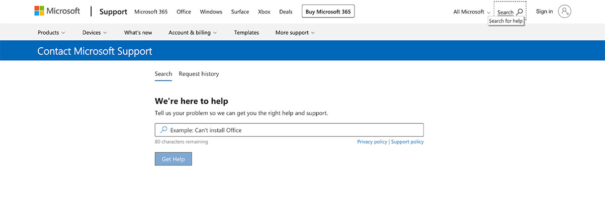creen capture of Microsoft's contact support page.