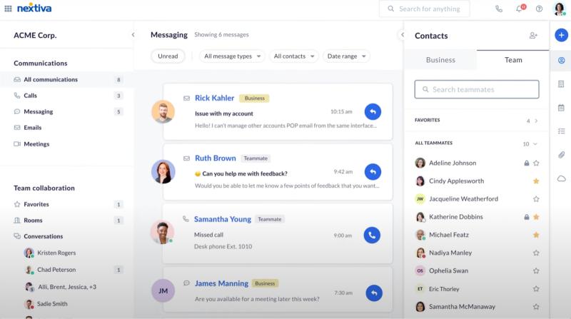 Nextiva team messaging dashboard with a left navigation panel and contact directory on the right.