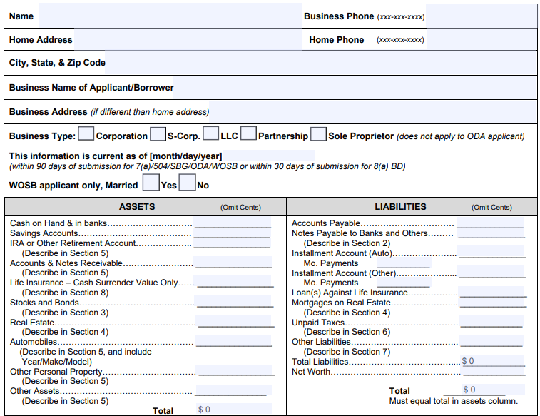 The second page of SBA Form 413 includes personal and business information, assets, and liabilities fields.