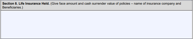 Section 8 of SBA Form 413 includes Life Insurance Held