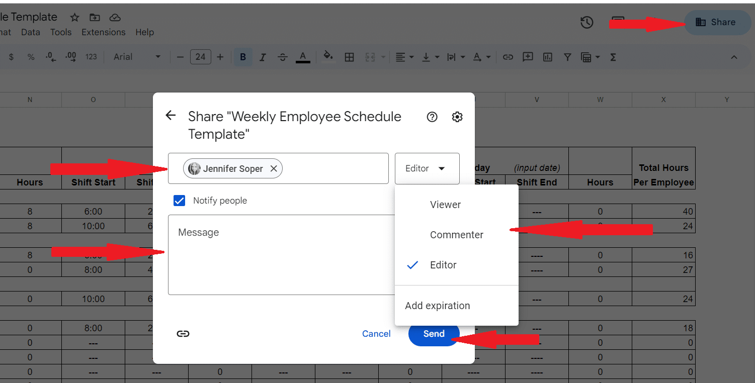 Share box in GoogleSheets to change who can view, comment, or edit the document.