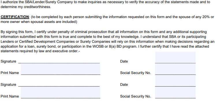 The Signature section of SBA Form 413