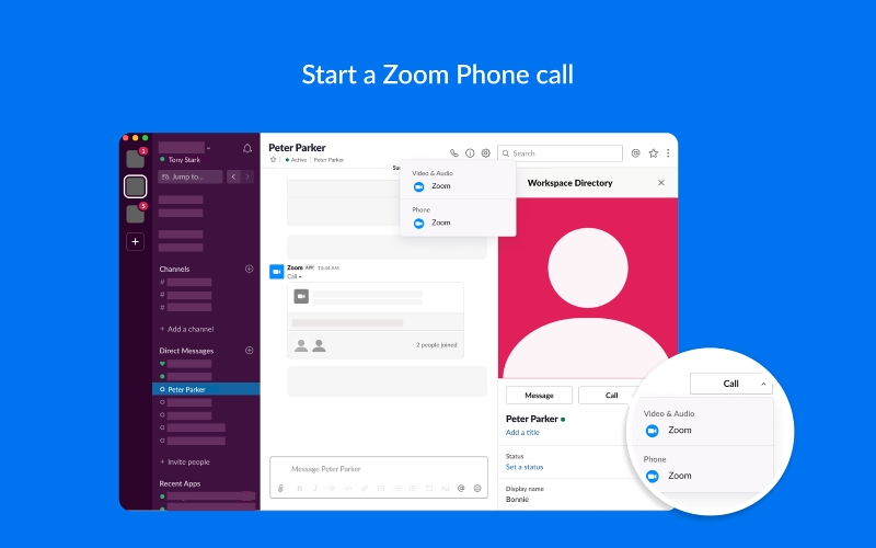 A conversation thread on Slack showing the "Zoom" icon under the Call button.