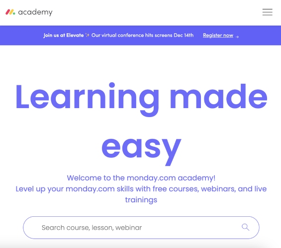 Screen capture of monday Academy's landing page.