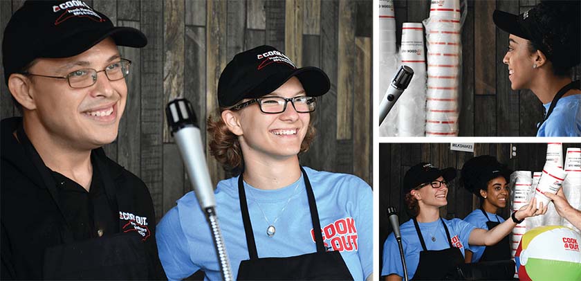 Collage of staff from Cookout restaurant chain wearing uniforms.