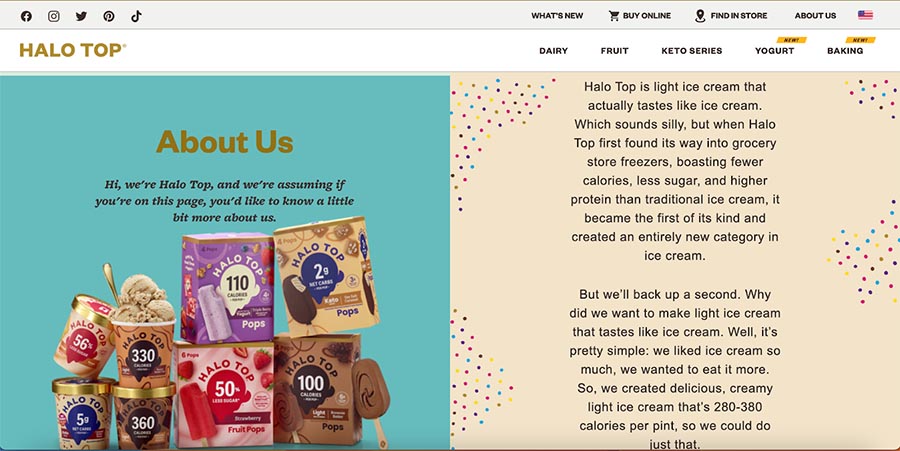 Halo Top's brand story in the about us page.