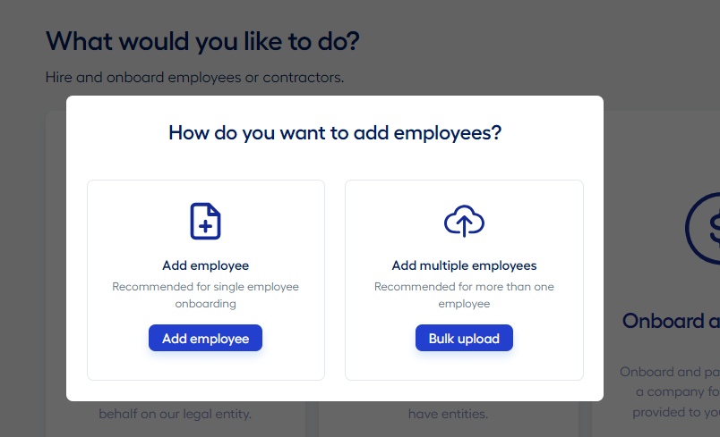 Multiplier's onboarding tool with two clickable options for onboarding a single employee or multiple workers in one go.