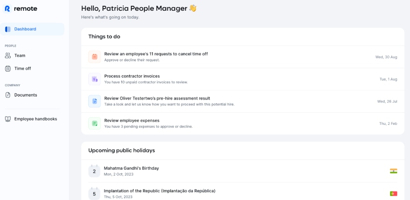 Remote's manager dashboard has a left sidebar menu and a central dashboard that shows tasks, reminders, and upcoming holidays.