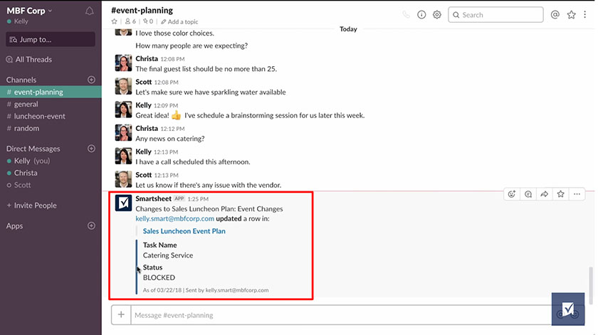 Slack interface showing a conversation thread titled "#event-planning" with a red box highlighting a Smartsheet bot message.
