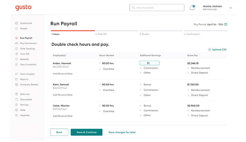 Screenshot of Step 1 of Gusto's payroll dashboard.