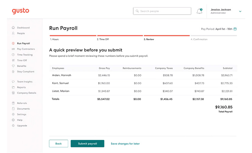 Screenshot of Step 3 of Gusto's payroll dashboard.