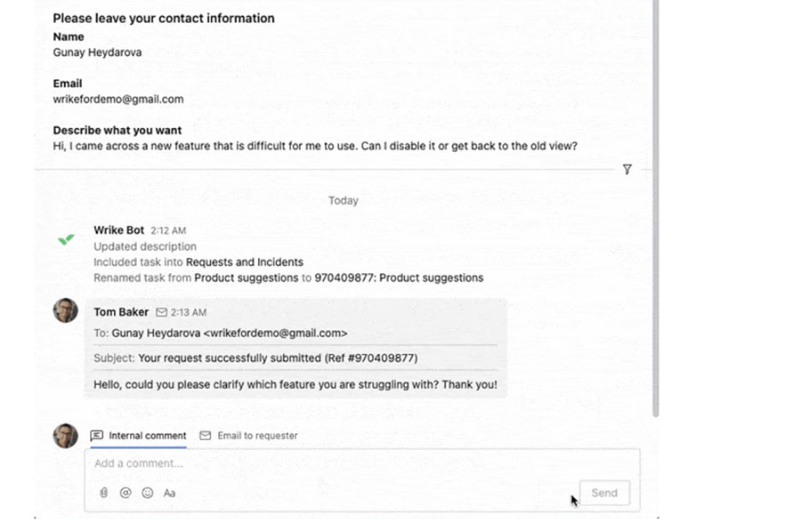 Wrike external requester collaboration feature with email response.