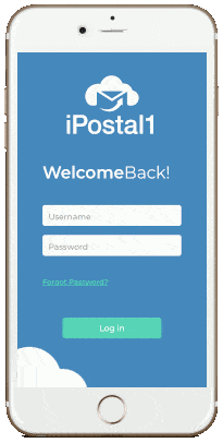 iPostal1 iPhone app interface showing the log-in screen.