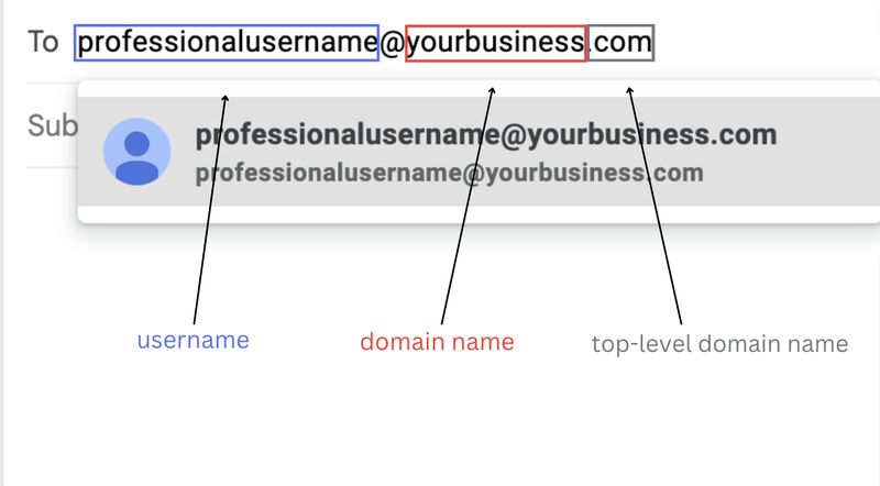 An email entry field labeling the components of a professional email using the example email, professionalusername@yourbusiness.com.