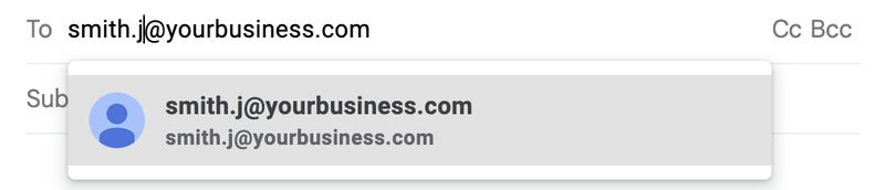 Example of email address with username in the format last name and first initial. The example shown is "smith.j@your business.com".