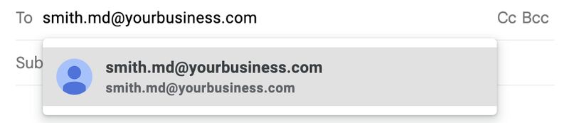 Example of email address with username in the format last name and professional degree. The example shown is "smith.md@yourbusiness.com".