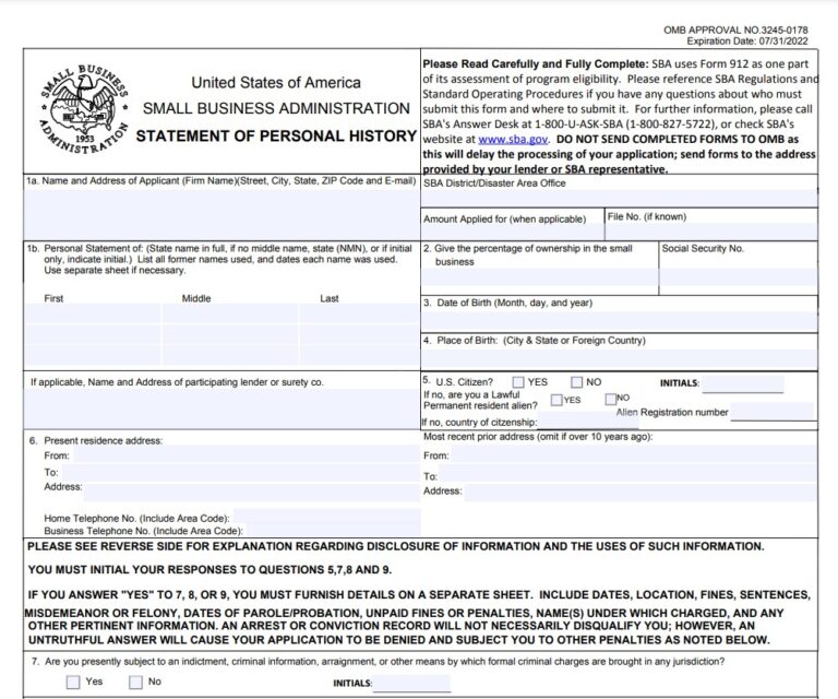 Sba form 912 how to fill out statement of personal history