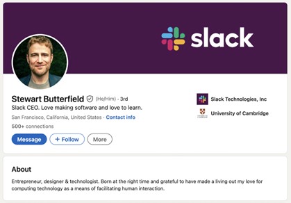 Screenshot of Slack CEO Stewart Butterfield's optimized LinkedIn profile
