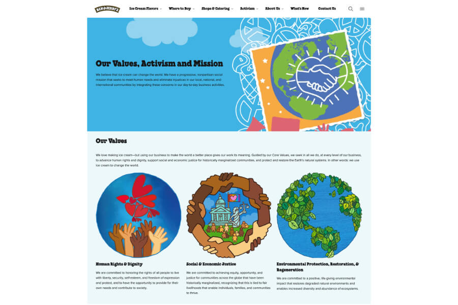 Values and mission page of the Ben & Jerry's website