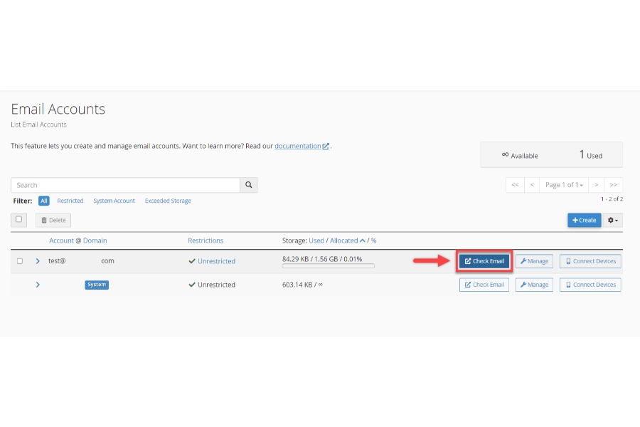 Bluehost's email accounts dashboard with various email accounts.