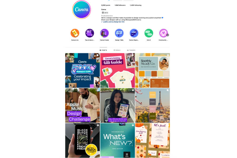 Instagram profile and feed of Canva