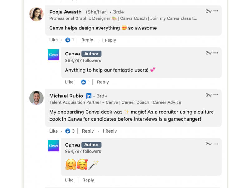 Canva's Linkedin profile replying to user's comments