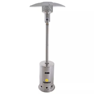 A stainless steel patio heater.
