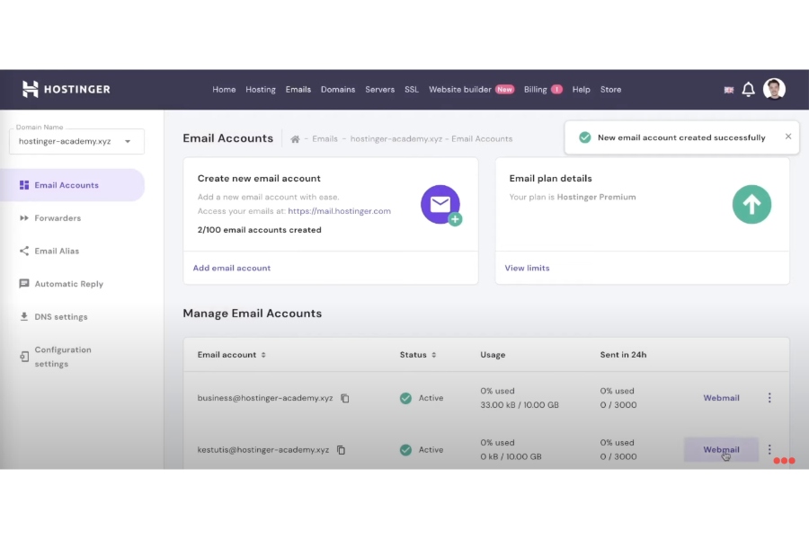 Hostinger's dashboard for managing email accounts.