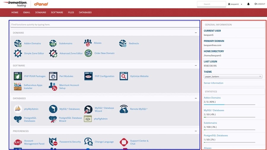 InMotion Hosting's main control panel interface.