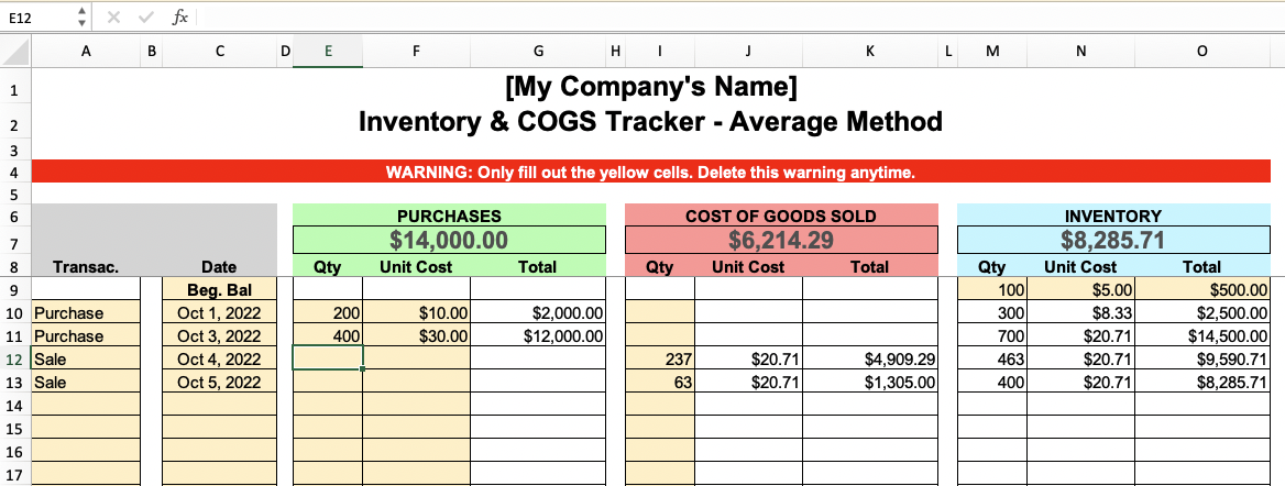 An inventory and COGS tracker in an Excel spreadsheet that shows columns for quantities, unit costs, and totals for purchases, COGs, and inventory.