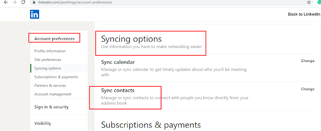 Screenshot on how to sync contacts on LinkedIn.