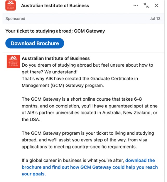 Message ad on Linkedin from the Australian Institute of Business