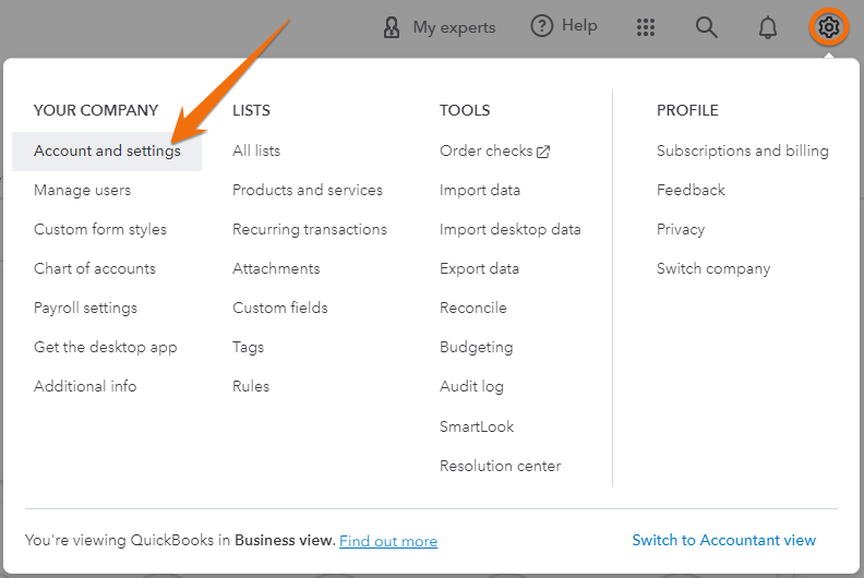 Screen showing how to navigate to the Account and settings page in QuickBooks where you can turn on billable expenses