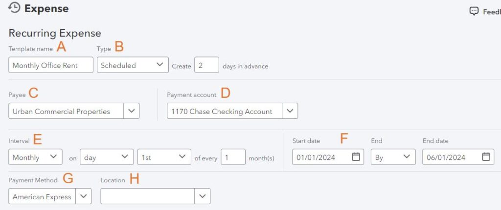 Screen where you can enter a new recurring expense in QuickBooks Online
