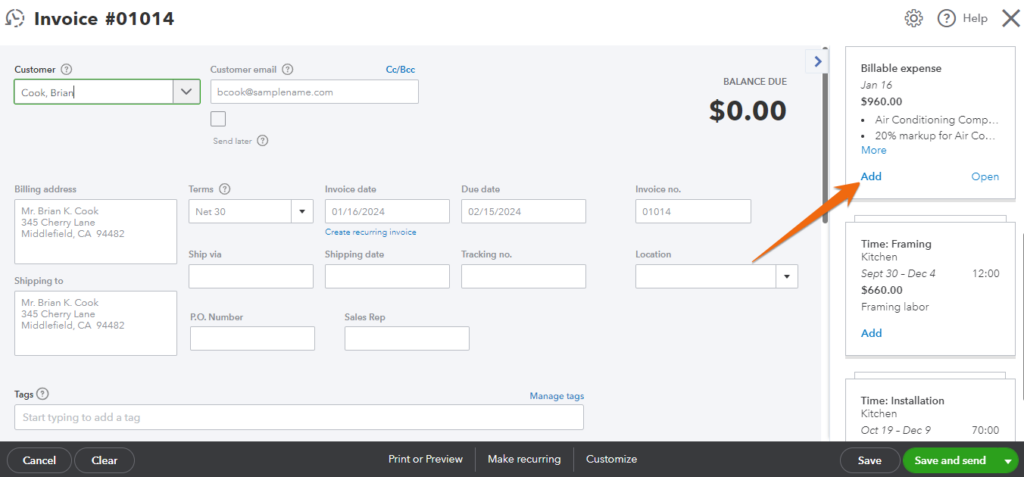 Invoicing form in QuickBooks showing how to add a billable expense to the invoice