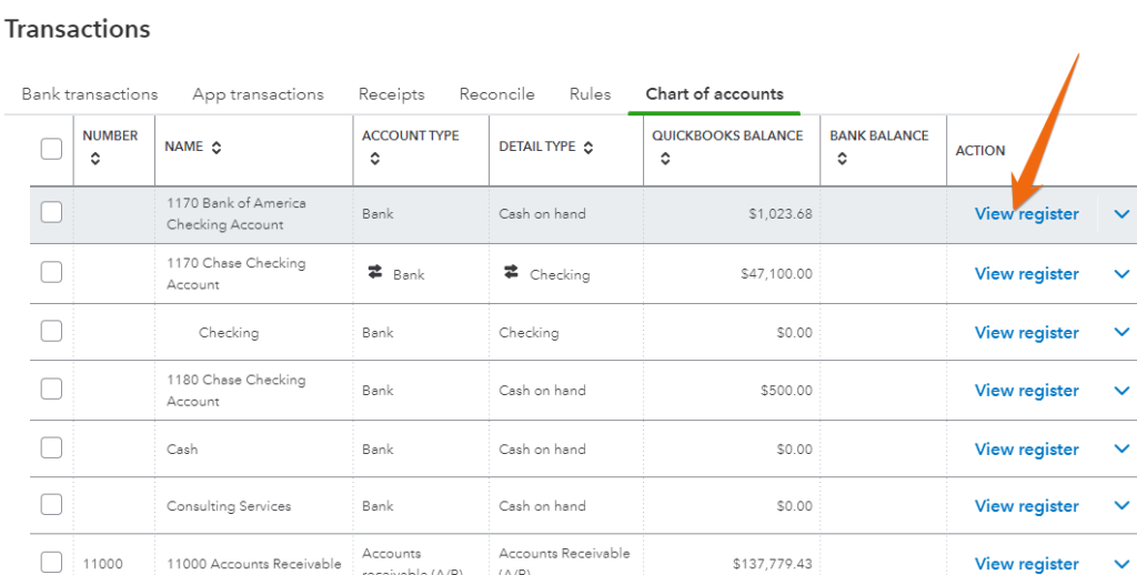 Screen showing how to view a bank register in QuickBooks Online